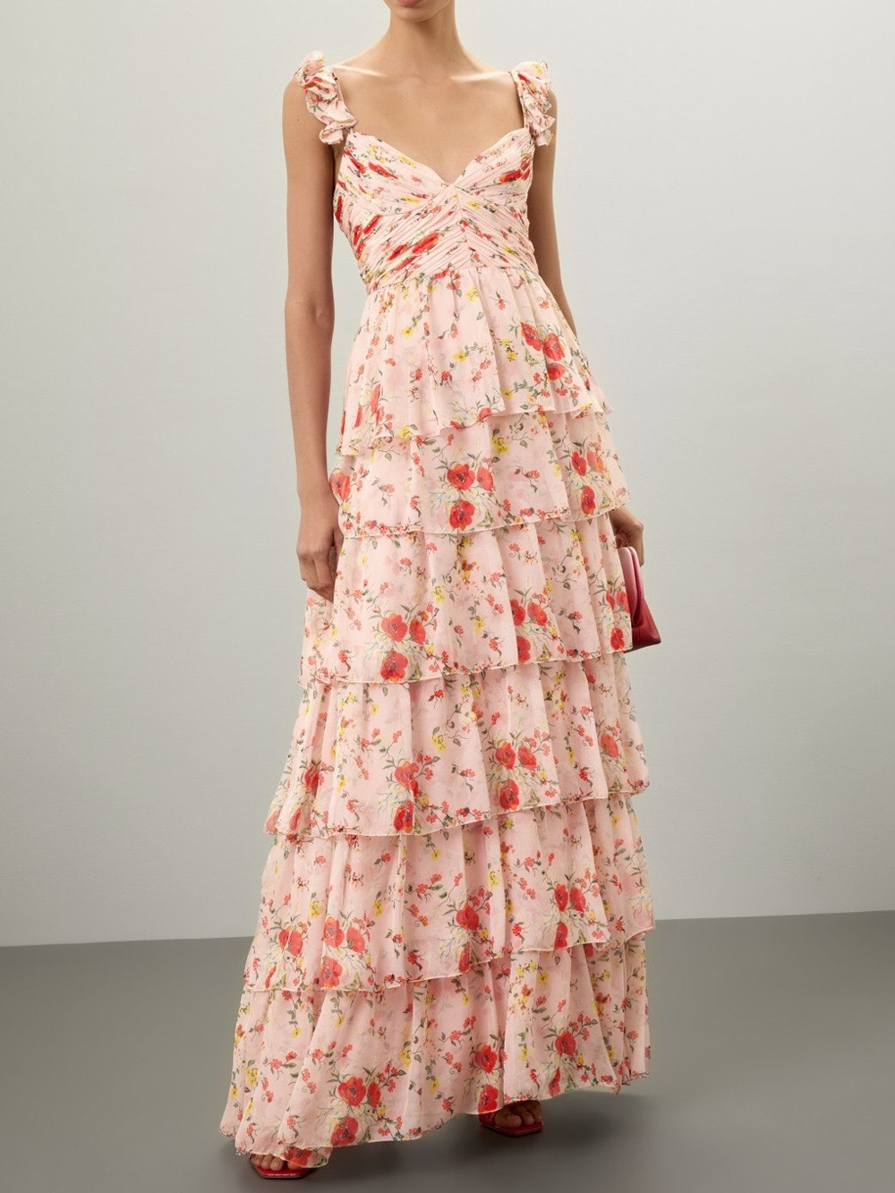Ieena For Mac Duggal Ruffled Floral Gown Pink Maxi Dress with Tiered Skirt